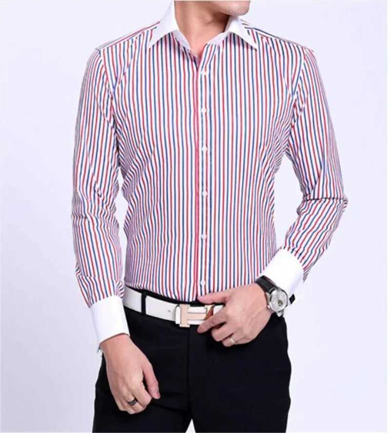 Quality Men Casual Slim Fit Shirt Mens Long Sleeve Business Dress Shirts French Cufflinks Shirt Male Striped ShirtXJ250121