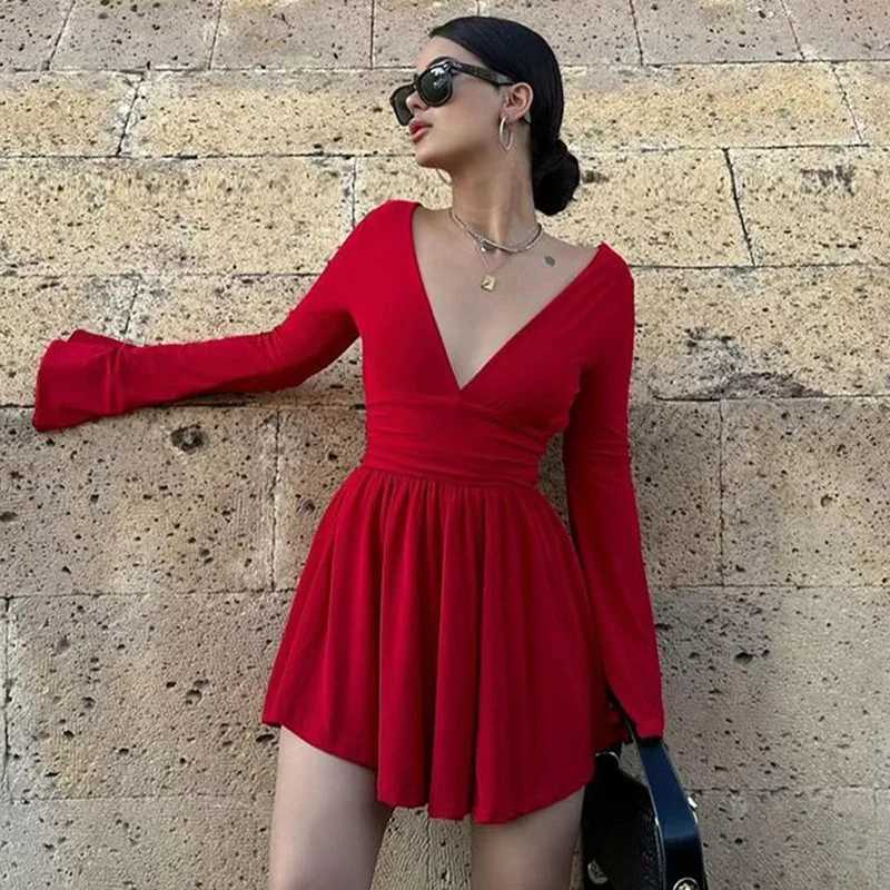 Women Vintage Ele Dresses Deep V Neck Sexy Backless Flared Long Sve Waist Tightening Streetwear Autumn Mini Dress XJ250115