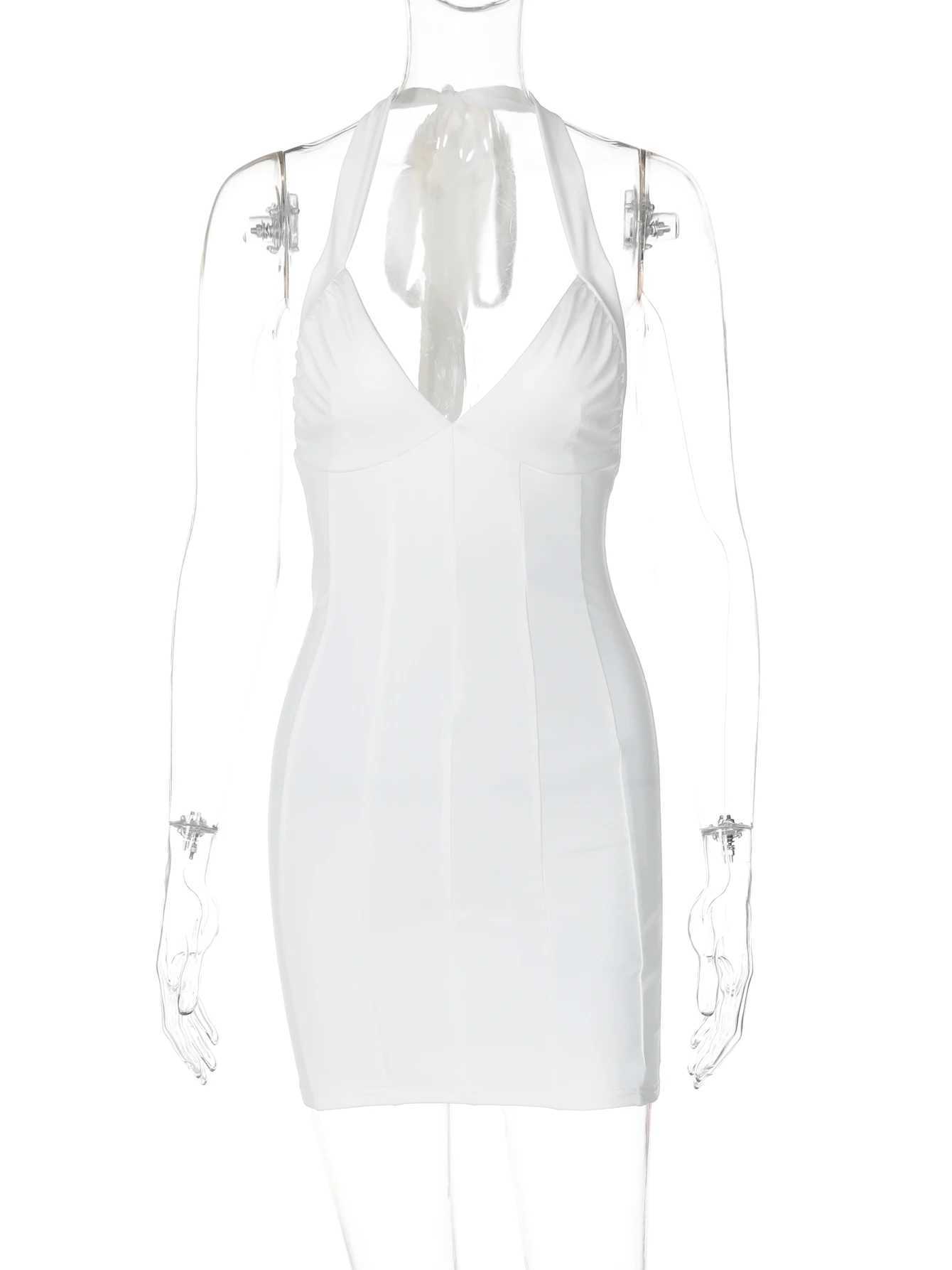 Hugcitar 2024 Ele Solid V Neck Halter Backless Bandage Sexy Mini Dress Summer Women Y2K Outfits Birthday Rave Party FestivalXJ250115