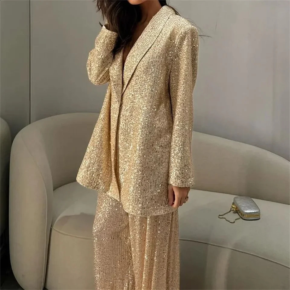 Fashion Sequines Jacket Pants Suit Loose One Button Long Sleeve Coat Wide Leg Pant Autumn Slim Lady Commuting Sets 250114Z