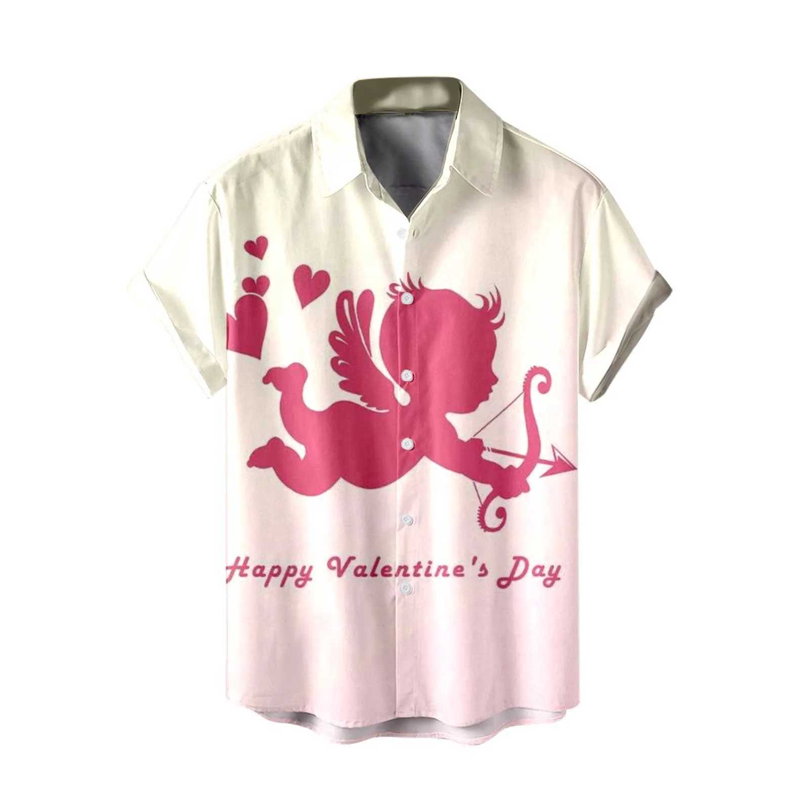 Valentine Day Mens Shirts Cupid Heart Print Patchwork Casual Shirt 2024 Summer Short Sleeve Turn Down Collar Button Up Tees TopXJ250121