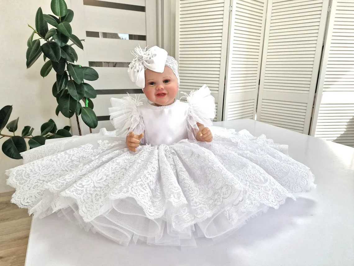 White Lace Baby Toddler Christening Dresses Kids Newborn Party Feather Pearls First Communion Wedding Prom Baptism Outfits X250203