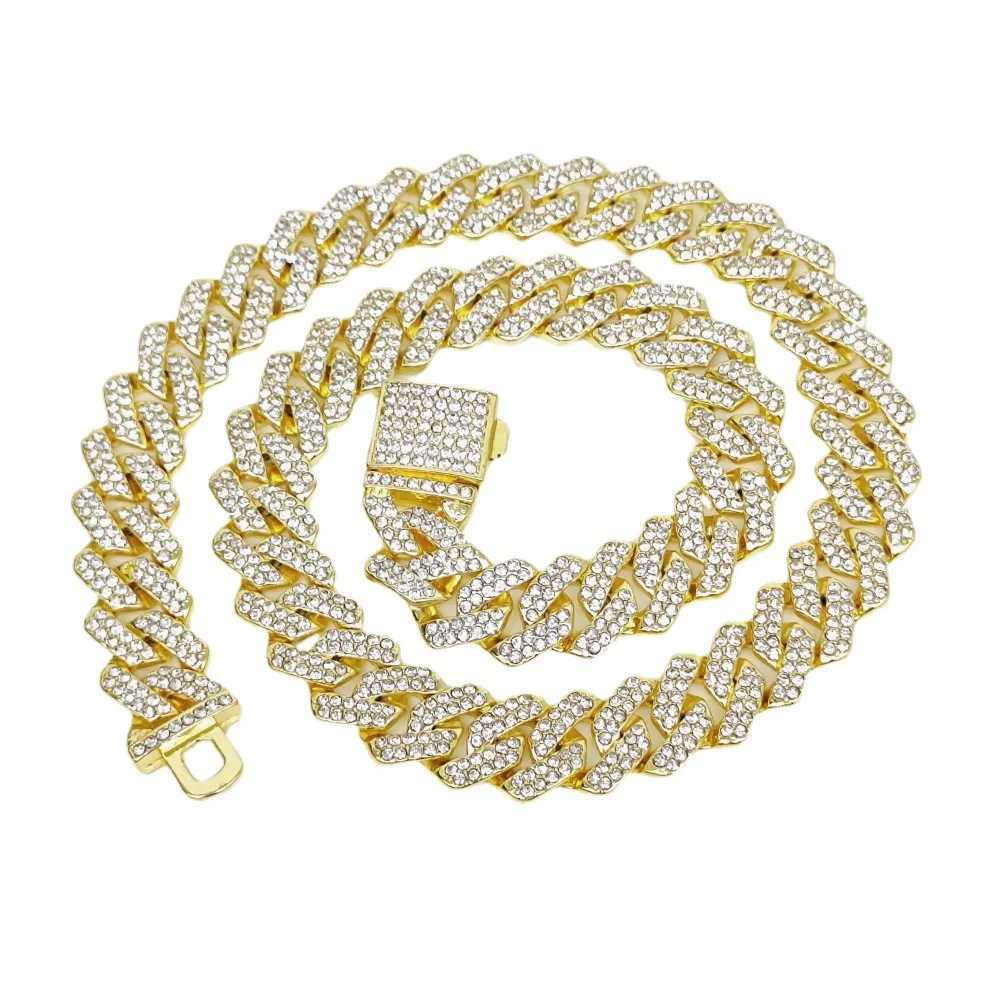 HipHop Men Women 14MM Prong Cuban Link Chain Necklace Bling Iced Out 2 Row Rhinestone Paved Miami Rhombus Cuban Bracelet JewelryXJ250121