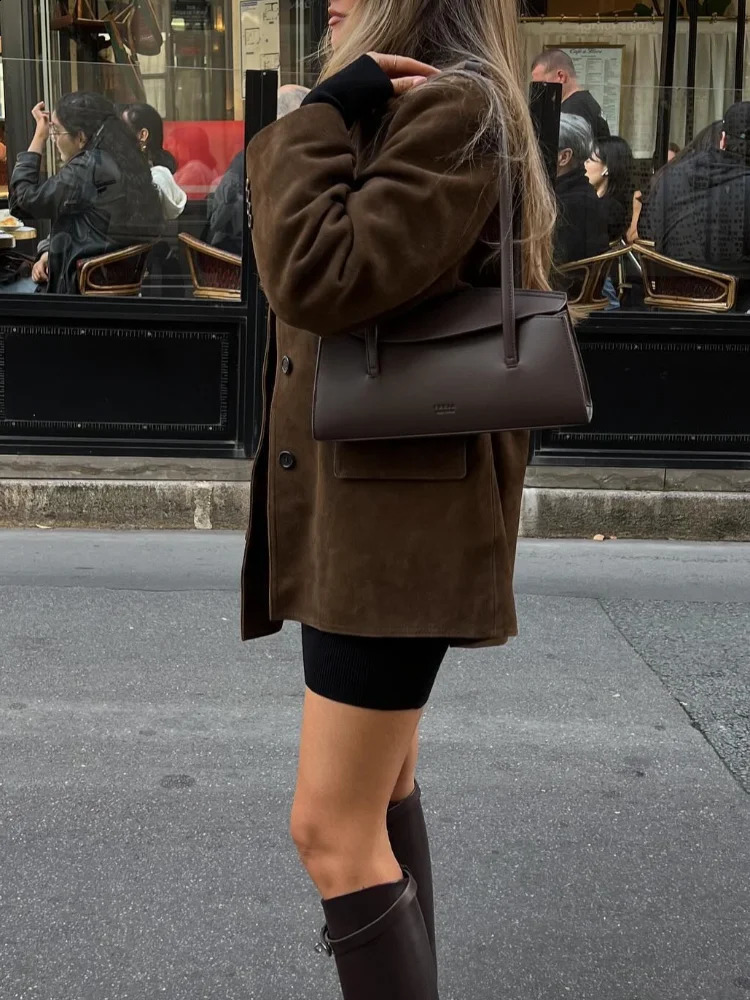 Vintage Brown Suede Leather Blazer Jacket Women Chic Lapel Single Breasted Pocket Crop Coat Fashion Autumn Casual Coats 250114