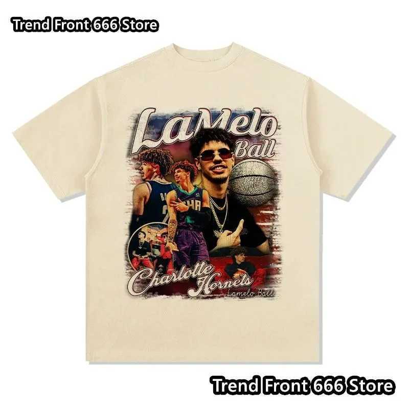 New Arrivals Summer Mens LaMelo Three ball Bauer Print Cotton T shirts Trend Vintage Tees Mens Short Sleeve Streetwear Tops X250203