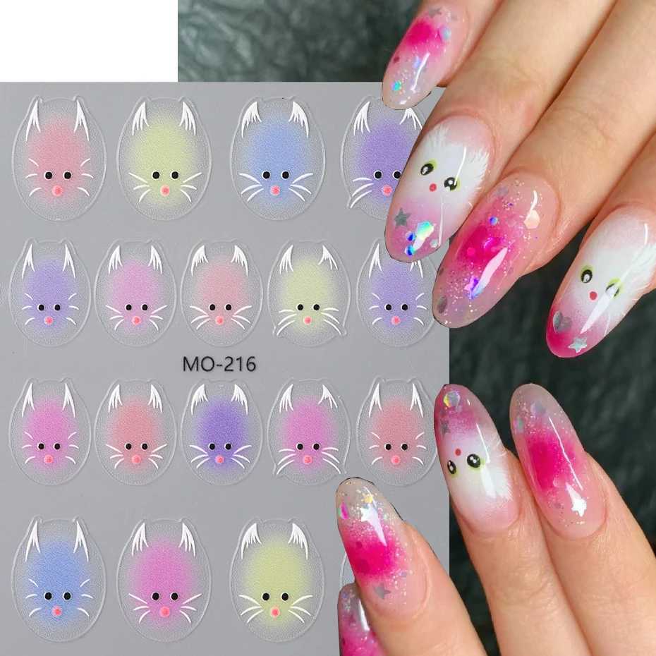 Cute White Cat Nail Stickers Decals 5D Kitten Ink Blooming Flowers Nail Art Decoration Kawaii Cartoon Decals Summer ManicureXJ250120