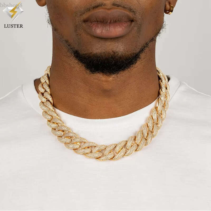 Luster Hip Hop Iced Out 20mm Wide VVS Round Box Clasp Choker Sier Moissanite Cuban k Chain for Rapper Men