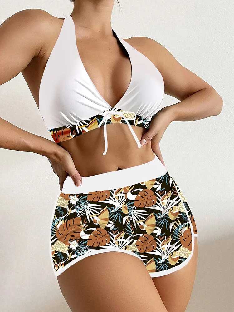 2Pcs/Set Bikinis Set Bowknot Decor Floral Print Bikini Backless Halter Bra High Waist Beachwear Fe Beach ClothingXJ250120