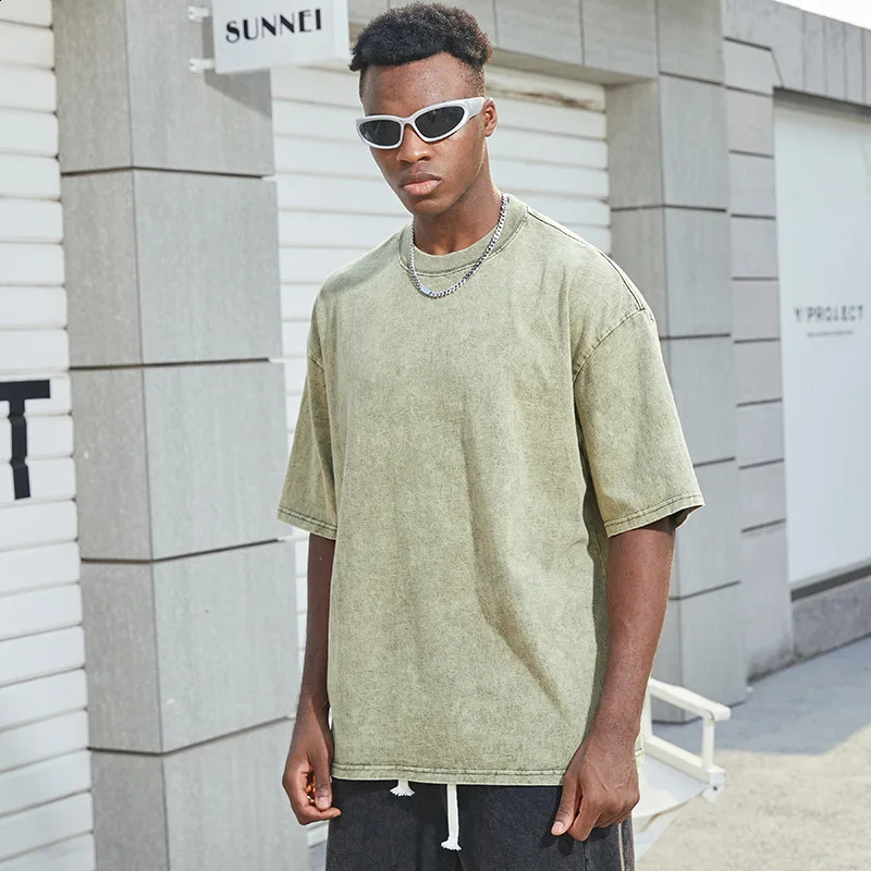 230g American Plus Size Mens 100 Cotton AcidWashed Tshirts Solid 3D Puff Print Vintage Tee Hip Hop High Street Oversized Top 250120