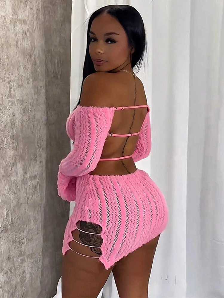 Weird Puss Knit Ele Slash Neck Dress Women Sexy Trend Backless Irregular Skinny Streetwear Midnight Side Hollow Chic BodyconXJ250115