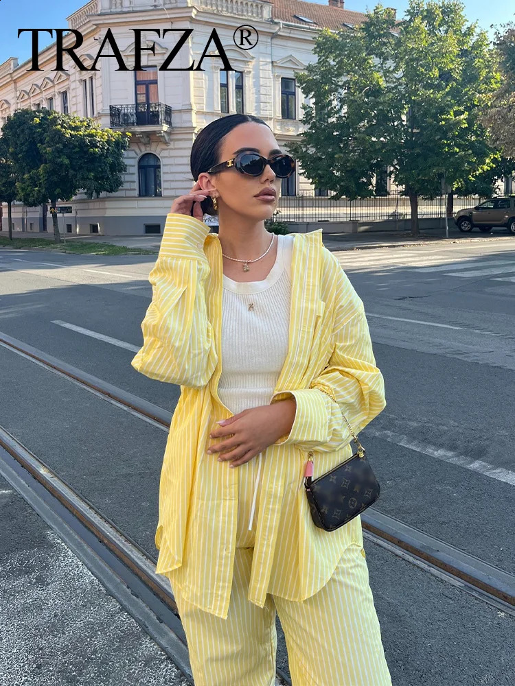 TRAFZA Women Casual Pants Set Yellow Striped High Waist Loose Pant Large Shirt Elegant Style Holiday Street Trends 250122