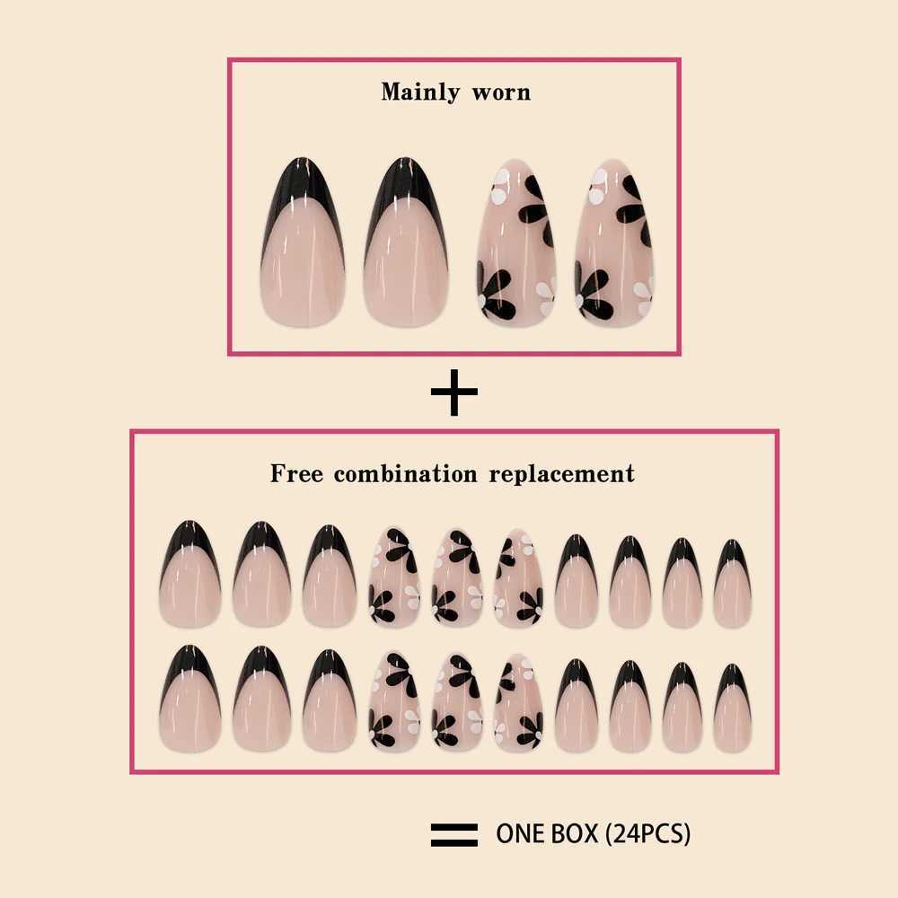 Women Girls 24Pcs Short Pink French Style Water Droplets Black White Small s Simple Versatile Nail Art Fake Nails SetW250120