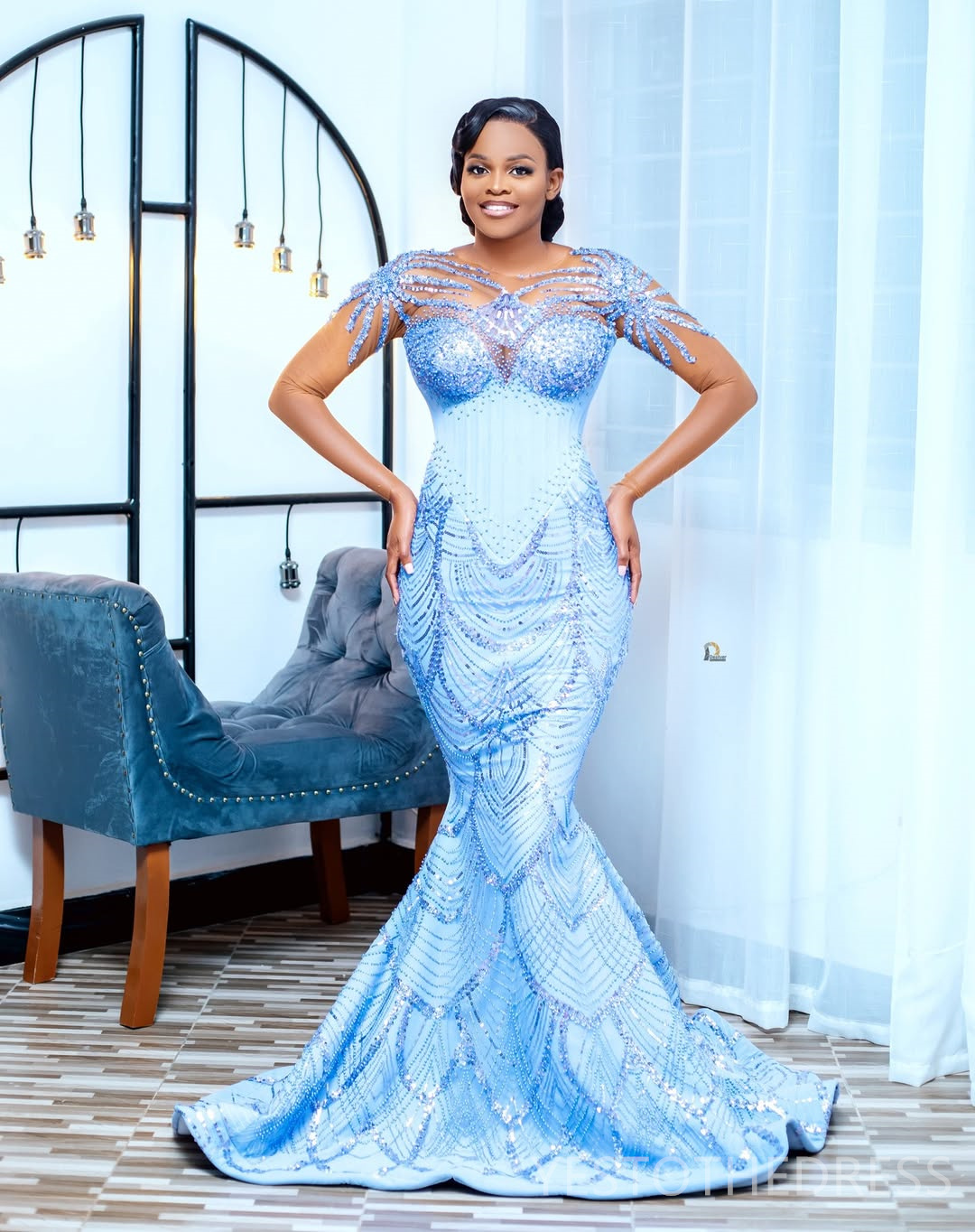 2025 Plus Size Sky Blue Aso Ebi Prom Dress Detachable Train Mermaid Evening Gowns Sheer Neck Long Sleeves Beaded Lace Birthday Dress Second Reception 