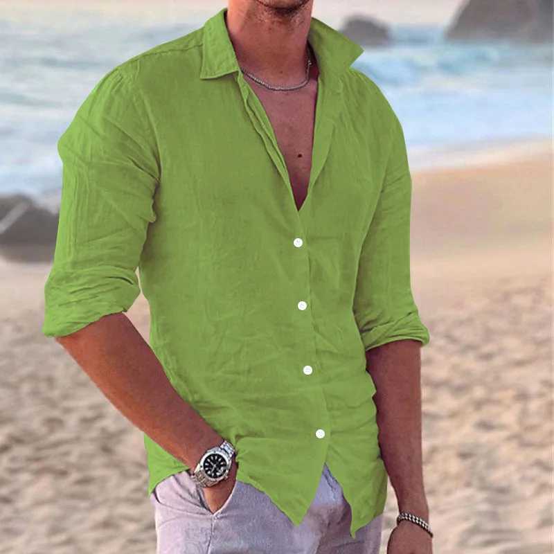 2024 Mens Linen Lapel Long Sleeve Shirt Hawaiian Solid Color Casual Beach Top Loose Breathable Fashion Large Size Top XS-6XLXJ250121