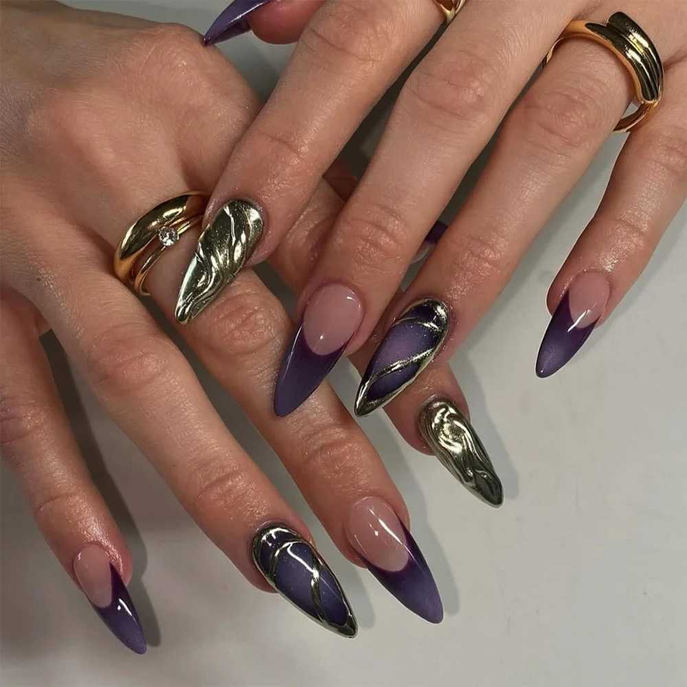 24pcs 3D Silver On Almond False Nails Press on Solid Color Fake Nails Art Round Head Wearable Manicure Set Finished DatachableW250120