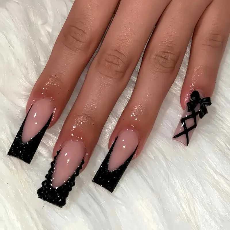 24Pcs Wearable False Nails with Glue Long Ballerina Pink Press on Nails French Full Cover Coffin Fake Nails Tip with RhinestonesW250120