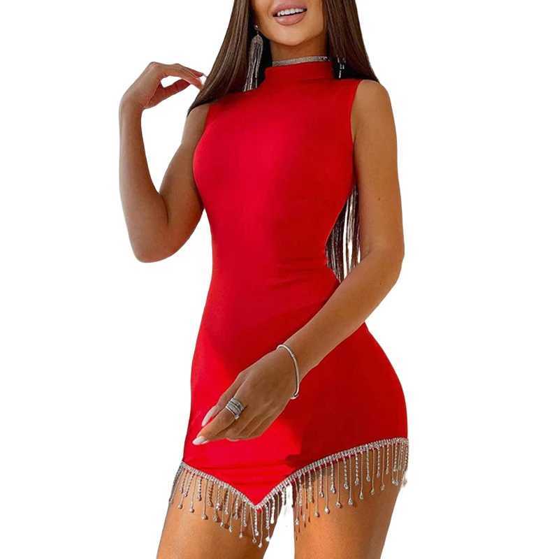 Sexy Women s Solid Color Mock Neck Sveless Bodycon Mini Dress with Rhine Tassels Party ClubwearXJ250115