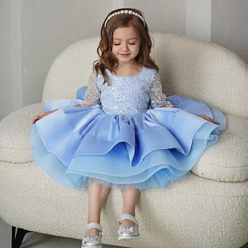 Baby Girl Birthday Fluffy Dress Infant Sequin Baptism Gown Flower Wedding Costume Kids Long Sleeved Clothes Toddler Dresses X250203