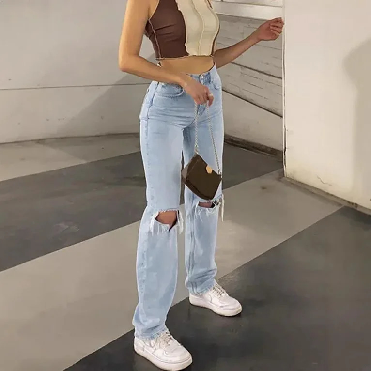 Style HighWaisted StraightLeg Jeans Light Blue Dressed Trousers Womens Commuting Denim Pants With Rips 250120