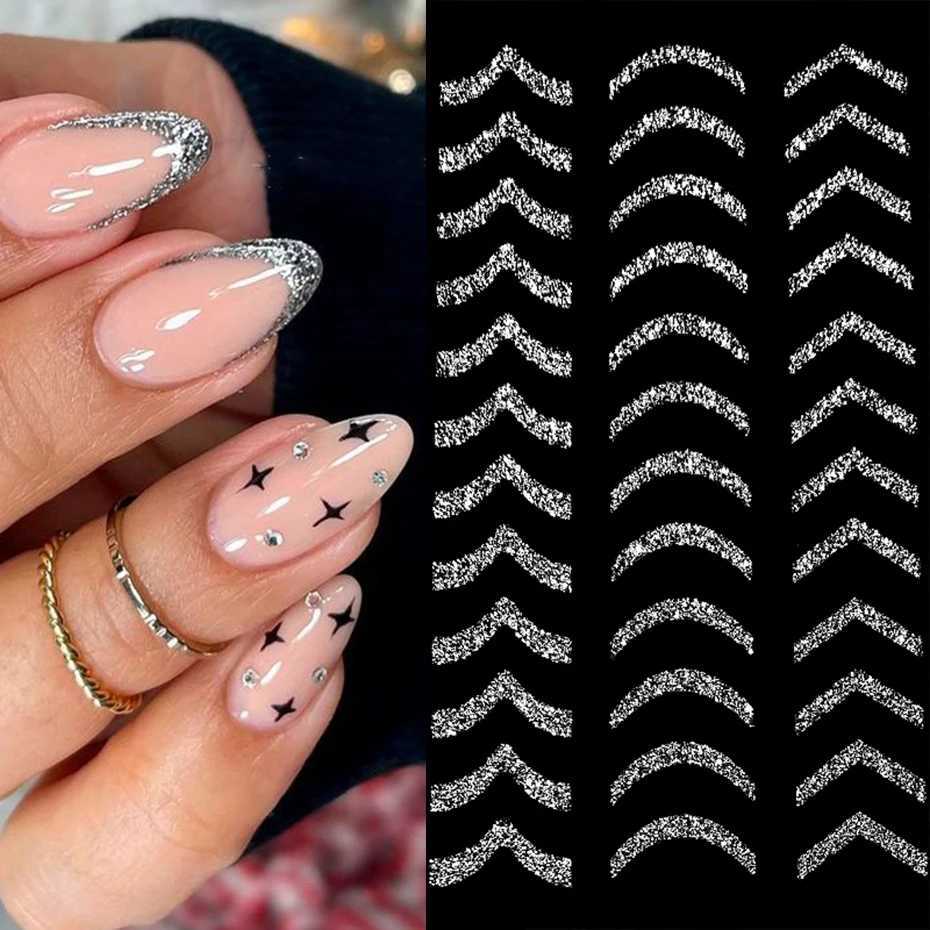 French 3D Nail Decals Stickers Stripe Line French Tips Transfer Nail Art Manicure Decoration Sliver Reflective Glitter StickersXJ250120