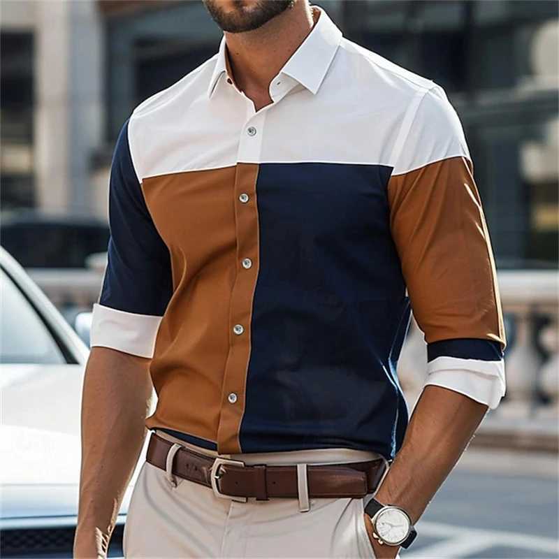 Spring And Autumn Mens Business Long Sleeve Shirt Patchwork Printing Single-Breasted Basic Blouse Simple Button Front ClothingXJ250121