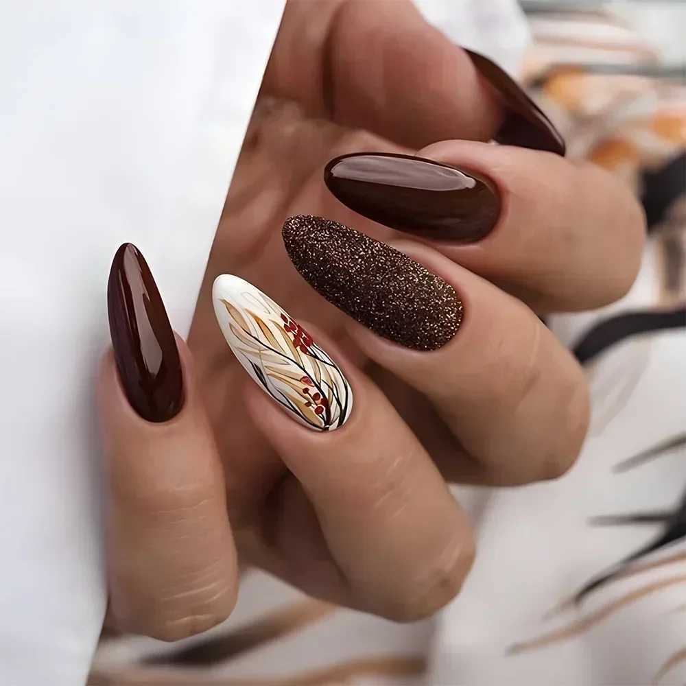 24pcs autumn and winter matte almond fake nails with adhesive rose leaf printing nail art simple full cover press on acrylic nail tipsW250120