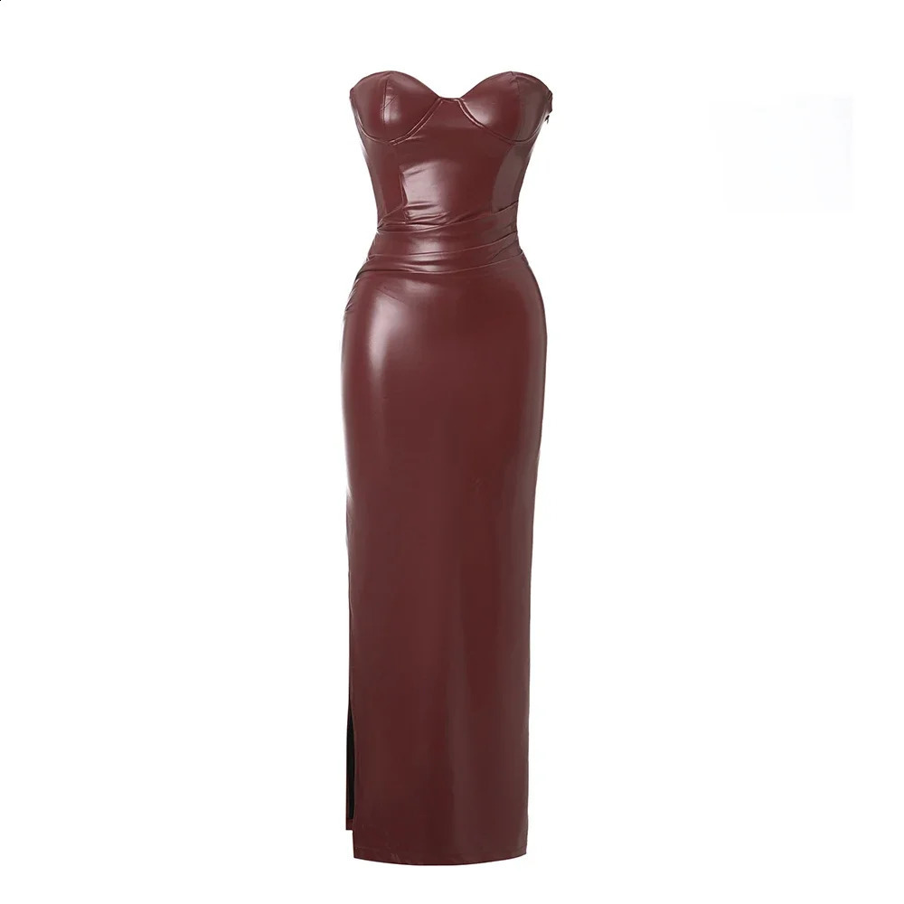 Suninheart Autumn Strapless Party Dresses Arrivals Wine PU Corset Dress Sexy Midi Bodycon Night Event Dress Women 250122