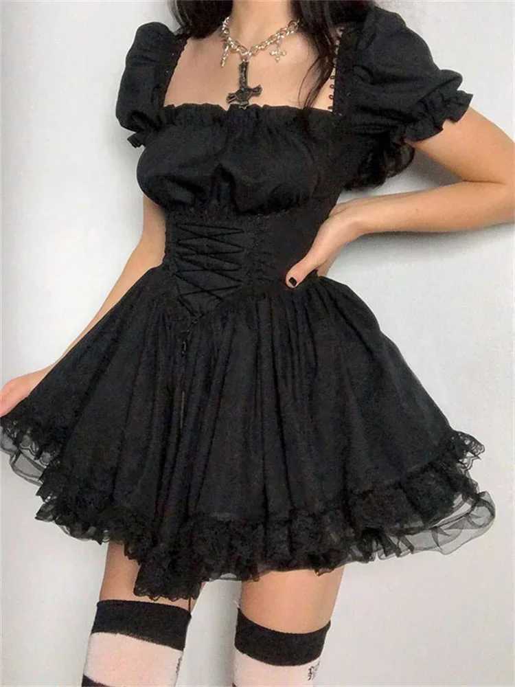 Women Summer Dress Puff Short Sve Square Neck Corset Tie-up A-line Dress Y2K Aesthetic Vintage Lolita Dresses FeXJ250115