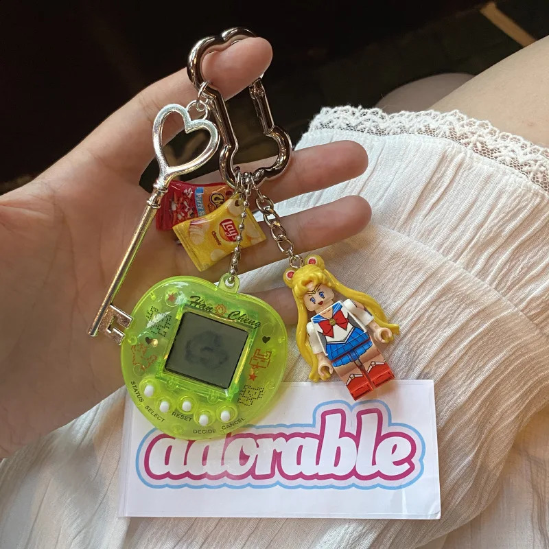 Creative Childhood Vintage Rainbow Game Console Bone Keychain Kawaii Harajuku Charm Crystal Heart Lock DIY Bag Pendant Keychain250114