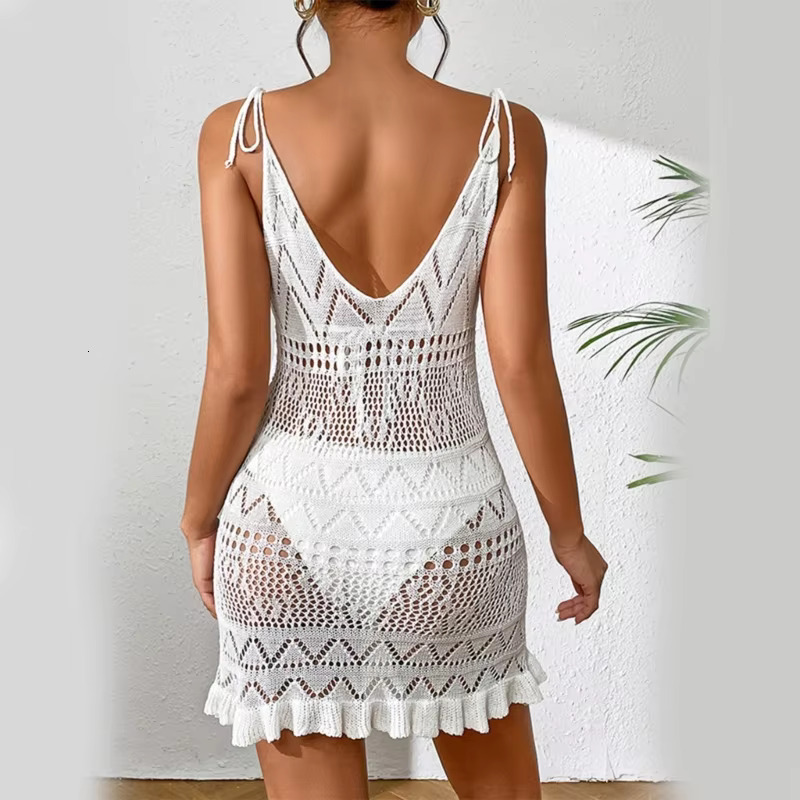 Womens Deep V-Neck Beach-Dress See-Through Crocheted Swimsuits Hollow Out Bathing Suit Cover Up For Beachwear
