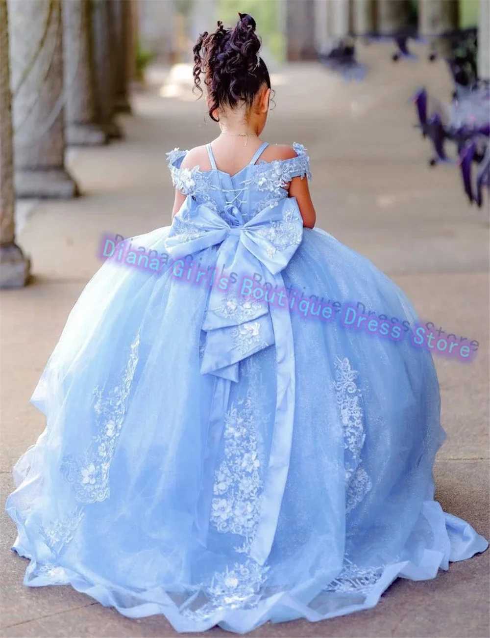 Elegant blue flower girl wedding dress with floral stickers thin gauze bow party childrens birthday dress Pageant Robe Holy First Communion dress X250