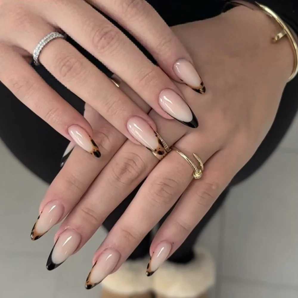 24 pieces of gold French fake nail press wearable simple nude design long almond finished fake nail set manual tip dataW250120