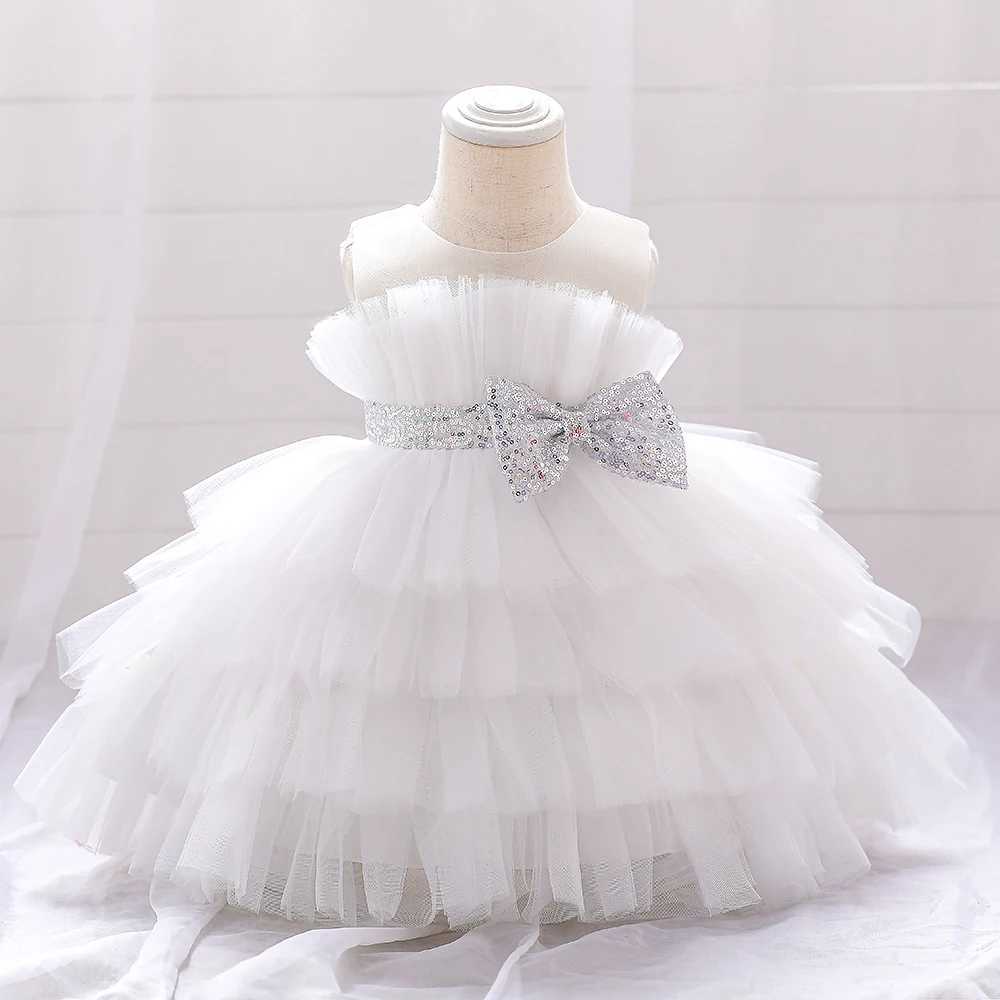 Sequin Bow Baby Girls Dress Puffy Tulle Toddler White Baptism Party Dresses For Girl Elegant Kids Birthday Princess Ball Gown X250203