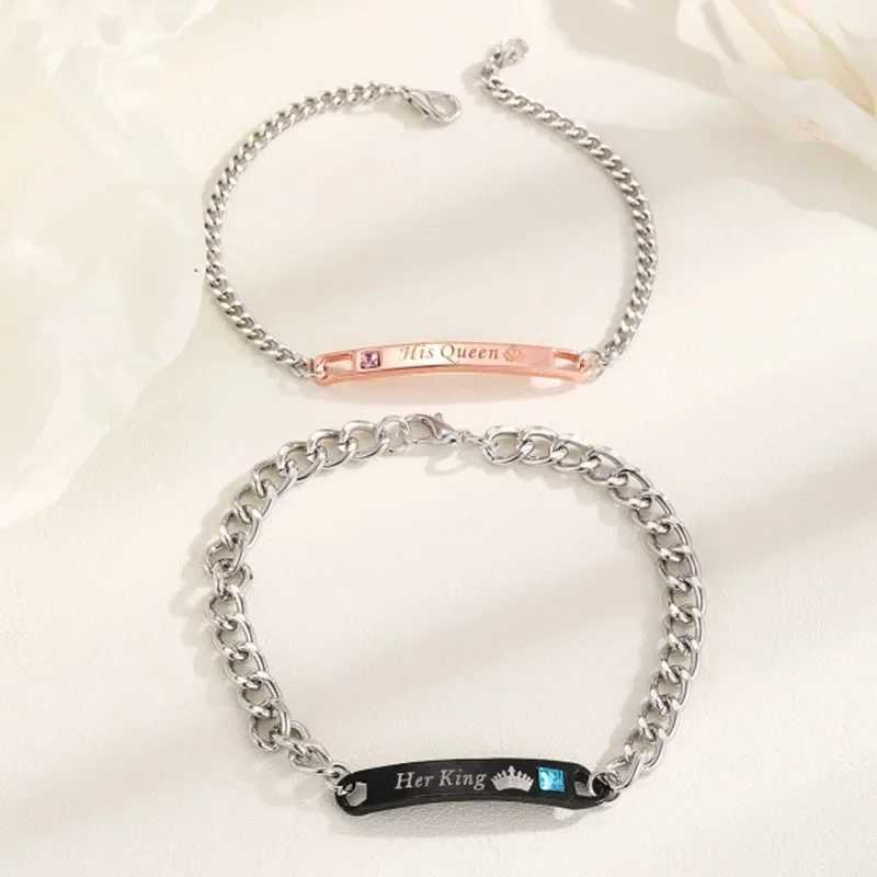 2pcs Fashion Couple Bracelets His Queen Her King Pendant Stainless Steel Bracelets Surprise for Boyfriend Girlfriend W250121