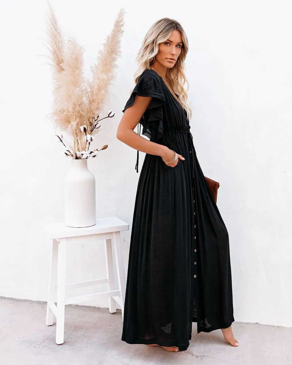 2024 Summer Long Bikini Womens Solid V-neck Kimono Beach Dress Lace Top Anti Sun Swimming Dr Bohemian Saron Skiing W250120