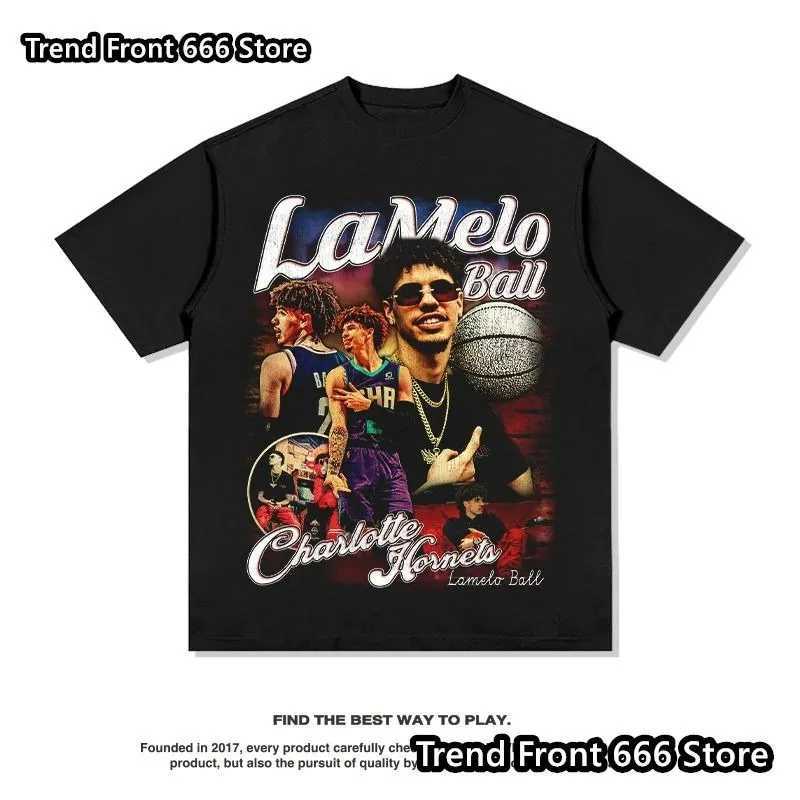 New Arrivals Summer Mens LaMelo Three ball Bauer Print Cotton T shirts Trend Vintage Tees Mens Short Sleeve Streetwear Tops X250203