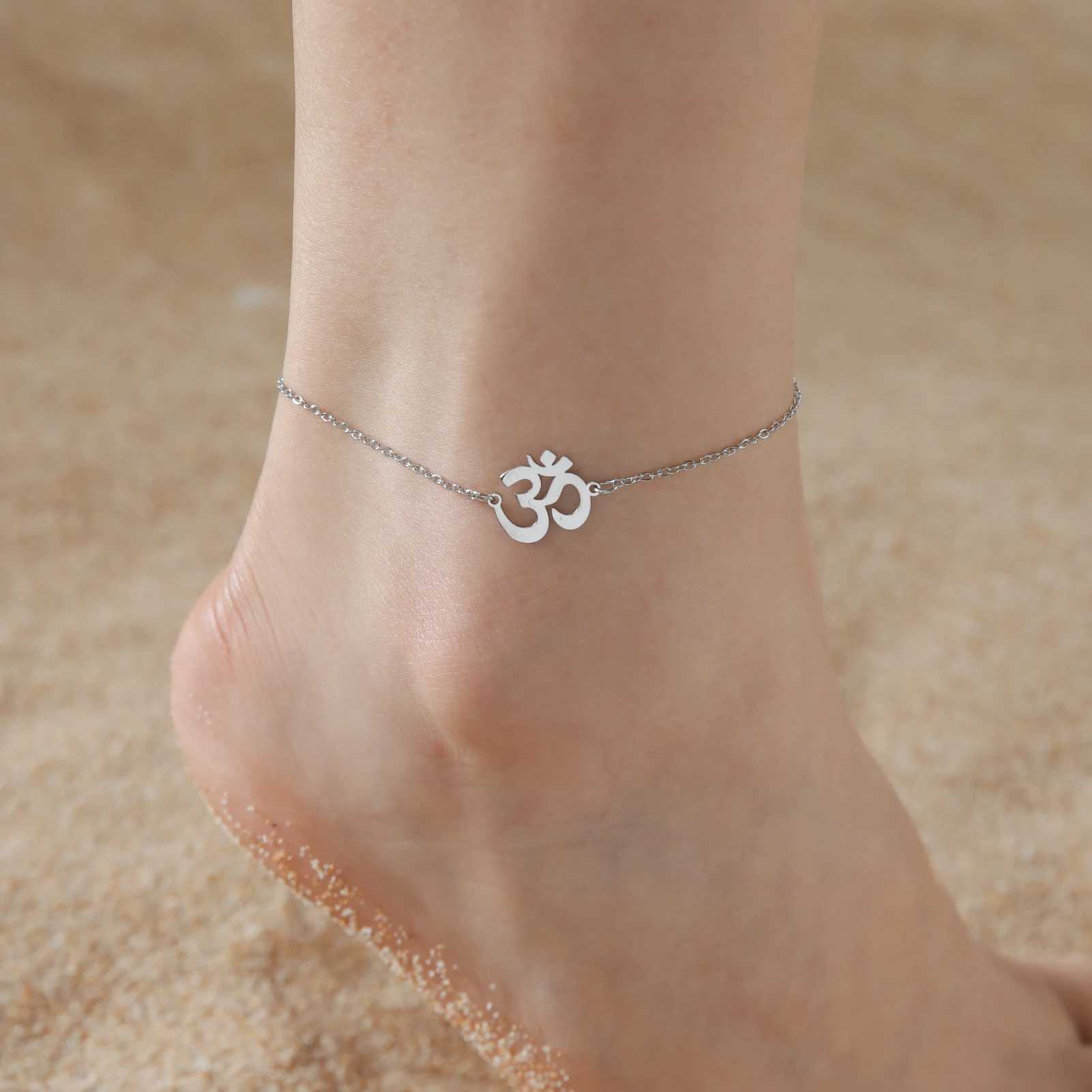 Skyrim Indian Buddhism Yoga OM Anklet Women Stainl Steel Double Layer Beads Chain Ankle Bracelet Amulet Summer AccoriesXJ250121