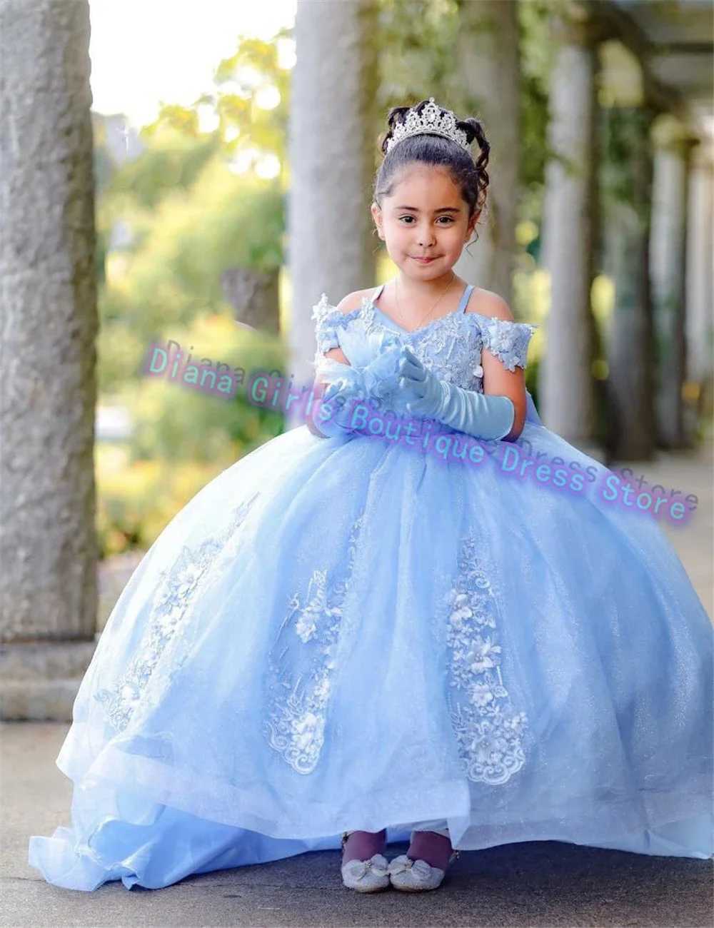 Elegant blue flower girl wedding dress with floral stickers thin gauze bow party childrens birthday dress Pageant Robe Holy First Communion dress X250
