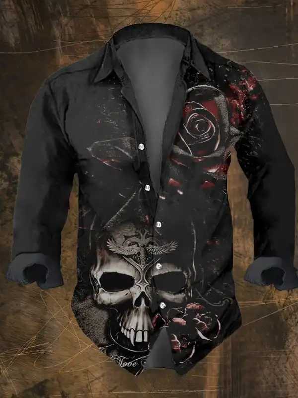 Mens Vintage Dark Skull Print Long Sleeve Shirt - Skull Print Lapel Collar Regular Fit Polyester BlendAll-Season WearXJ250121