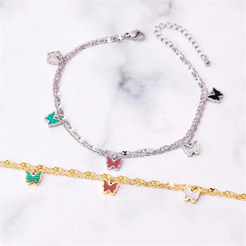 316L Stainl Steel New Fashion Jewelry 2 Layer Embedded In Natural Shells Hang 5 Butterflies Charm Chain Anklets For WomenXJ250121