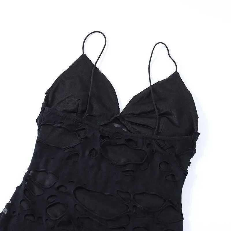 Gothic Style Ripped Hole Slim Fit Slit Bag Hip Skirt Irregular Design Black Suspender DressXJ250115