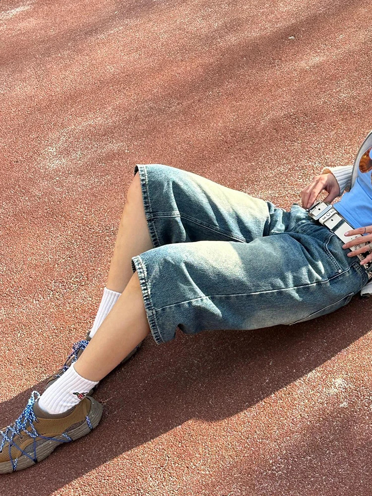 PBAP Retro Do Old Blue Jeans Jort Washed Low Waist Whiskers Loose Straight Knee Long Denim Shorts Casual Summer Clothes 250121