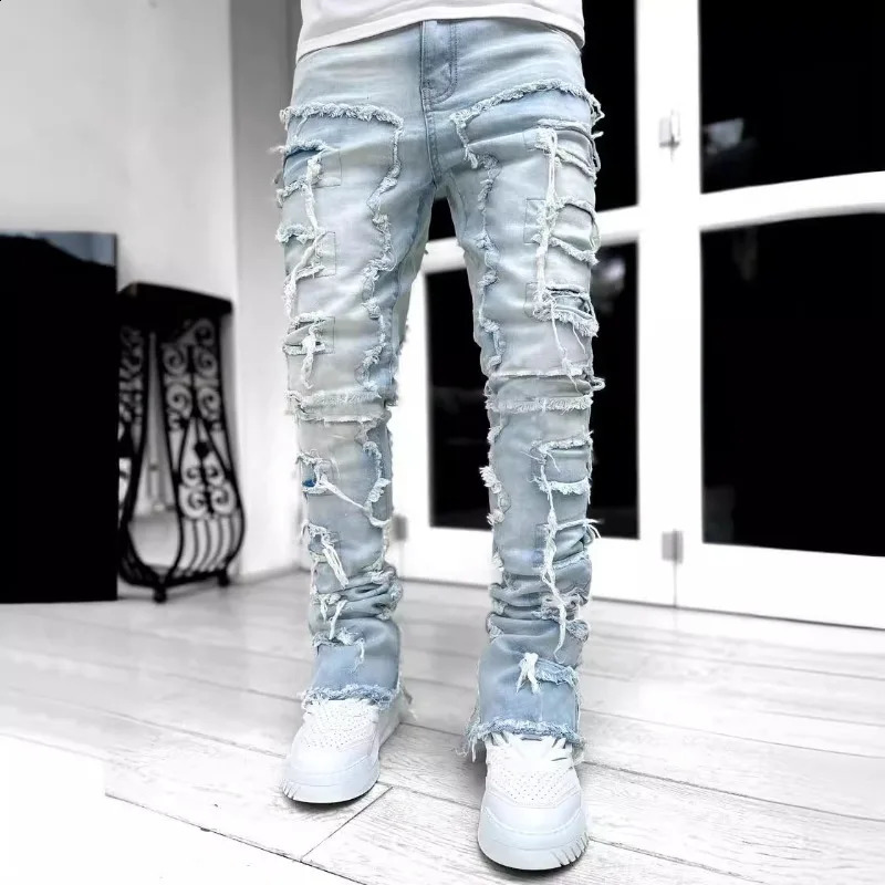 Spring Summer Mens Clothing Fashion Solid Color Elastic Patch Denim Straight-Leg Pants Jeans 250120