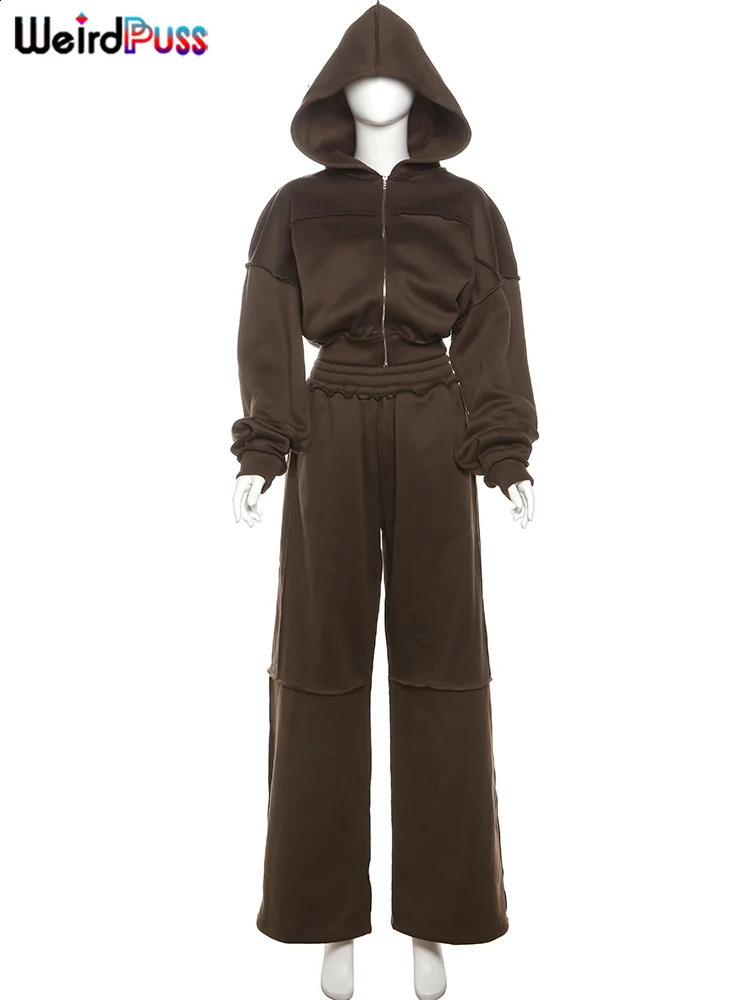 Weird Puss Casual Tracksuit Women 2 Piece Set Panelled Stripes Sporty Simple Hipster Hooded Zip JacketWide Pants Matching Suits 250122