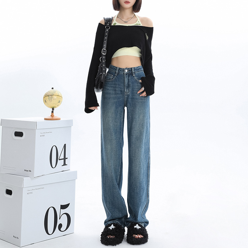 Retro blue narrow version wide-leg jeans women's autumn and winter new high-waisted small man velvet straight mopping pants