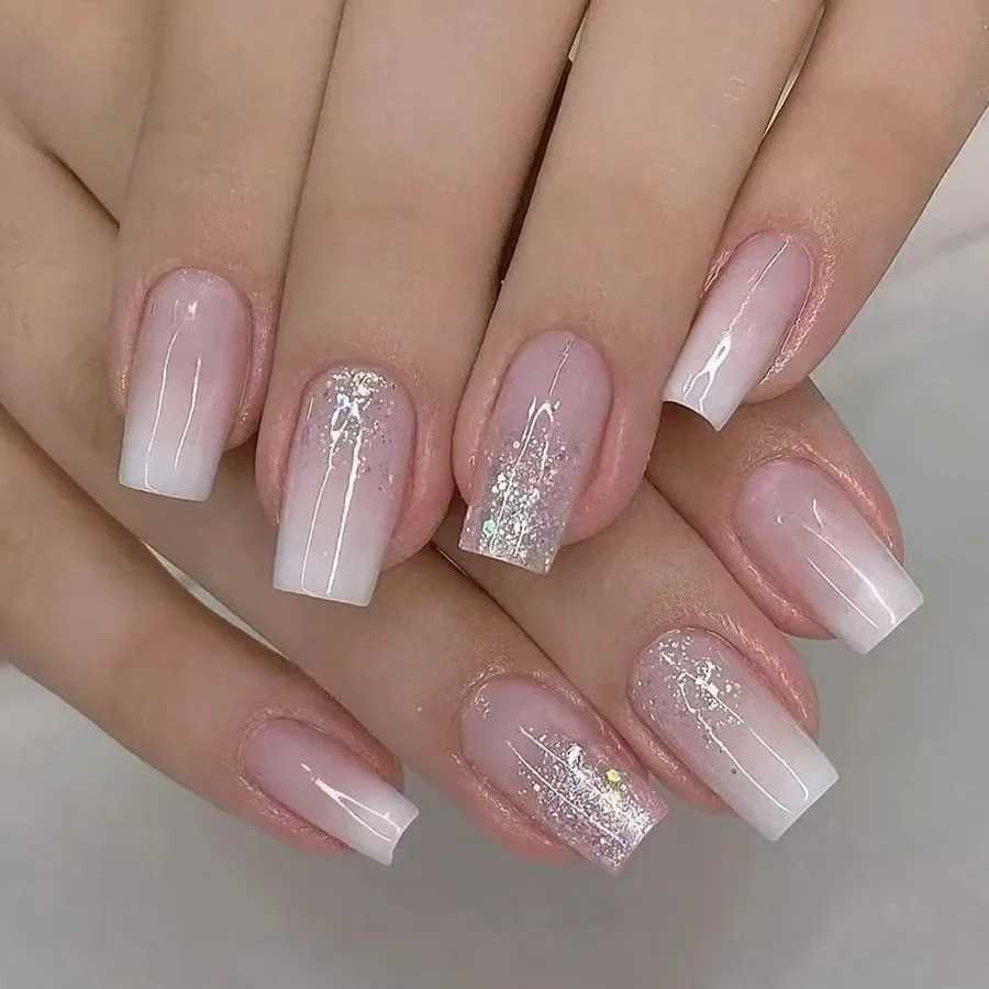 24Pcs Short Square Press on Nails Gradient Glitter False Nails French Tip Lines Acrylic Nails Full Cover Wearable Fake Nail TipsW250120