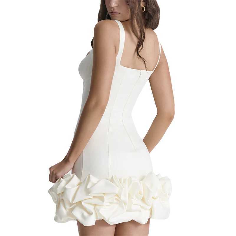 Summer New Pure Color Sundress Sexy Spaghetti Strap Pleated Ruffle Hem Mini Dress Women Club Party Dresses Bodycon Club DressXJ250115