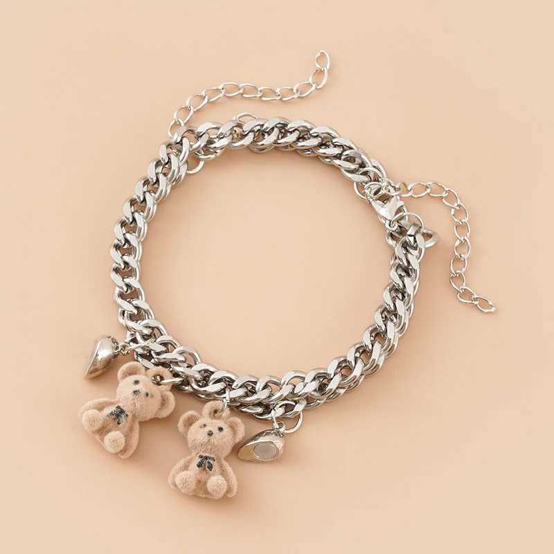 2Pcs New Plush Bear Couple Magnet Bracelets Stainless Steel Heart Chain Bracelet Unisex Friendship Valentines Day Jewelry W250121