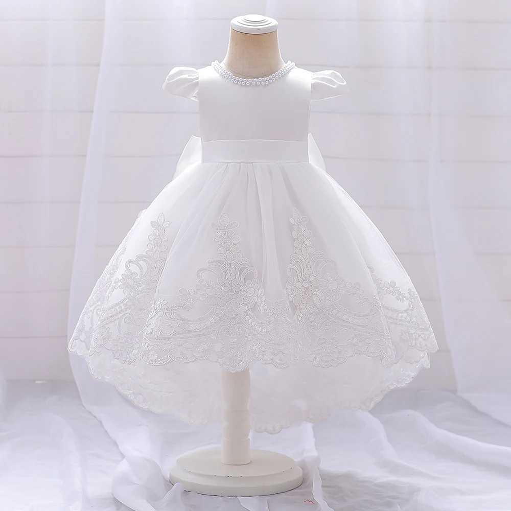 Baby Girls Dress Beads Bow White Baptism Dress For Baby Girl Tutu 1st Year Birthday Party Dresses Puff Sleeves Toddler Clothes X250203