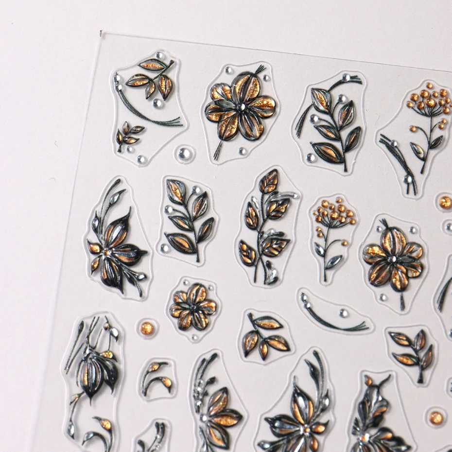 5D Black Gold Flowers Nail Art Stickers Shiny Glitter Petals Autumn Leaves Nail Decals Watercolor Floral Adhesive Manicure DecorXJ250120